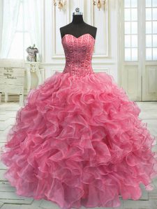 Inexpensive Sweetheart Sleeveless Quinceanera Dresses Floor Length Beading and Ruffles Rose Pink Organza