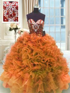 Fine Floor Length Lace Up Sweet 16 Dresses Orange for Military Ball and Sweet 16 and Quinceanera with Ruffles