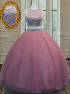Scoop Pink Zipper Ball Gown Prom Dress Ruffled Layers and Sashes ribbons Sleeveless Floor Length