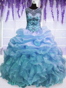 Lovely Blue Ball Gowns Organza Scoop Sleeveless Beading and Pick Ups Floor Length Lace Up Quinceanera Dress