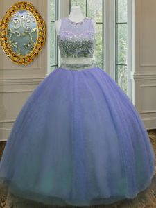 High End Scoop Floor Length Lavender 15 Quinceanera Dress Tulle Sleeveless Ruffled Layers and Sashes ribbons
