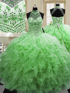 Custom Designed Lace Up Halter Top Beading and Ruffles 15 Quinceanera Dress Tulle Sleeveless
