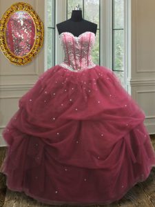 Burgundy Lace Up Sweetheart Sequins and Pick Ups Quince Ball Gowns Organza Sleeveless