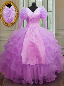 Latest Long Sleeves Floor Length Zipper Sweet 16 Dress Lilac for Prom and Military Ball and Sweet 16 and Quinceanera with Ruffled Layers