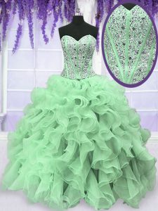 Glorious Apple Green Ball Gowns Sweetheart Sleeveless Organza Floor Length Lace Up Beading and Ruffles Sweet 16 Quinceanera Dress