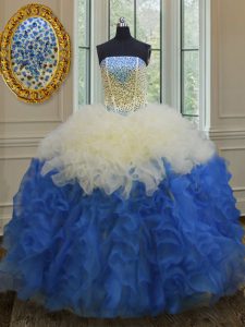 Fancy Blue And White Ball Gowns Beading and Ruffles Ball Gown Prom Dress Lace Up Organza Sleeveless Floor Length
