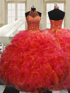 Halter Top Multi-color Ball Gowns Beading and Ruffles Sweet 16 Dresses Lace Up Organza Sleeveless Floor Length