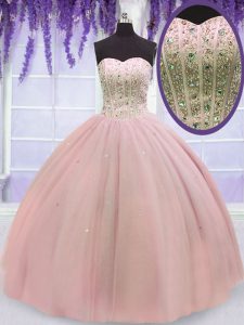 Wonderful Baby Pink Tulle Lace Up Sweet 16 Dresses Sleeveless Floor Length Beading