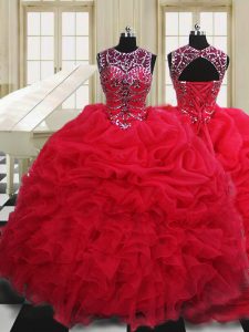 Suitable Scoop Beading and Pick Ups Ball Gown Prom Dress Red Lace Up Sleeveless Floor Length