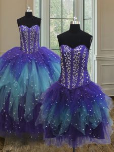 Hot Sale Three Piece Multi-color Lace Up Sweetheart Beading and Ruffles and Sequins Ball Gown Prom Dress Tulle Sleeveless