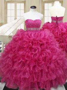 Hot Pink Sweetheart Lace Up Beading and Ruffles Quinceanera Gowns Sleeveless