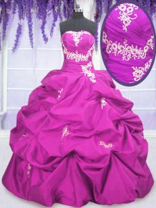 Pick Ups Ball Gowns Quinceanera Gowns Fuchsia Strapless Taffeta Sleeveless Floor Length Lace Up