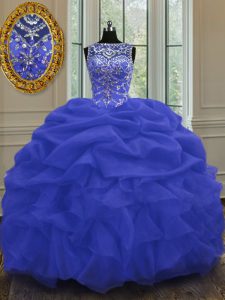Elegant Blue Scoop Neckline Beading and Pick Ups Vestidos de Quinceanera Sleeveless Lace Up