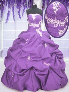 Customized Lavender Ball Gowns Taffeta Strapless Sleeveless Appliques and Pick Ups Floor Length Lace Up Sweet 16 Dresses