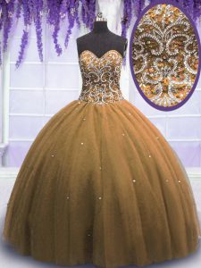 Trendy Brown Sweetheart Neckline Beading Sweet 16 Dresses Sleeveless Lace Up