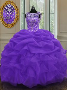 Adorable Scoop Sleeveless Floor Length Beading and Pick Ups Lace Up 15 Quinceanera Dress with Eggplant Purple