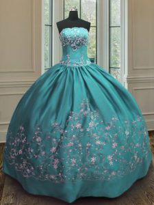 Dramatic Teal Lace Up Strapless Embroidery Sweet 16 Quinceanera Dress Satin Sleeveless