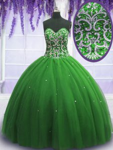 Colorful Green Ball Gowns Sweetheart Sleeveless Tulle Floor Length Lace Up Beading Quinceanera Dress