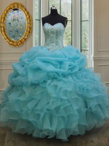 Artistic Pick Ups Baby Blue Sleeveless Organza Lace Up Quince Ball Gowns for Military Ball and Sweet 16 and Quinceanera