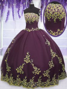 Purple Ball Gowns Appliques Sweet 16 Dresses Zipper Tulle Sleeveless Floor Length
