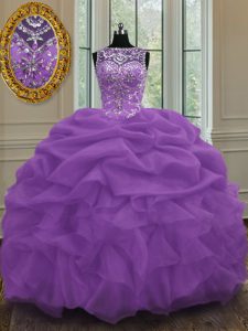 Great Purple Ball Gowns Organza Scoop Sleeveless Beading and Pick Ups Floor Length Lace Up Quince Ball Gowns