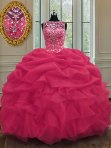 Scoop Pick Ups Floor Length Ball Gowns Sleeveless Coral Red Vestidos de Quinceanera Lace Up