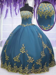 Floor Length Zipper Quince Ball Gowns Teal for Military Ball and Sweet 16 and Quinceanera with Lace and Appliques