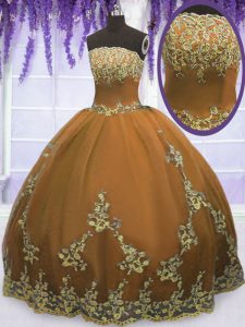 Brown Tulle Zipper Strapless Sleeveless Floor Length Quince Ball Gowns Appliques