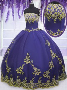 Fashionable Purple Quinceanera Gowns Military Ball and Sweet 16 and Quinceanera and For with Appliques Strapless Sleeveless Zipper