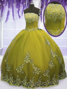 Sleeveless Floor Length Appliques Zipper Sweet 16 Dress with Olive Green