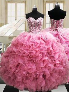 Rose Pink Organza Lace Up Sweet 16 Dresses Sleeveless Floor Length Beading and Ruffles
