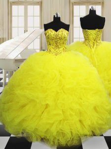 Nice Light Yellow Tulle Lace Up Vestidos de Quinceanera Sleeveless Floor Length Beading and Ruffles