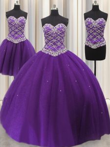 Three Piece Eggplant Purple Sleeveless Floor Length Beading and Sequins Lace Up Ball Gown Prom Dress