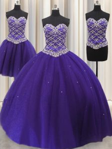 Three Piece Sequins Purple Sleeveless Tulle Lace Up Ball Gown Prom Dress for Military Ball and Sweet 16 and Quinceanera
