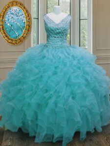 Latest Aqua Blue Ball Gowns Organza V-neck Sleeveless Beading and Ruffles Floor Length Zipper Quinceanera Gowns