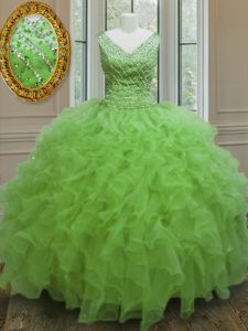 Shining Organza Zipper V-neck Sleeveless Floor Length Ball Gown Prom Dress Beading and Ruffles