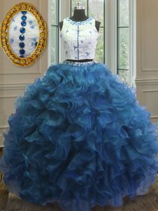 Traditional Blue Organza Clasp Handle Scoop Sleeveless Floor Length Quinceanera Gown Beading and Lace and Ruffles