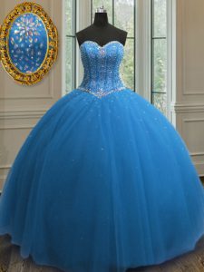 Blue Sweetheart Lace Up Beading and Sequins Vestidos de Quinceanera Sleeveless