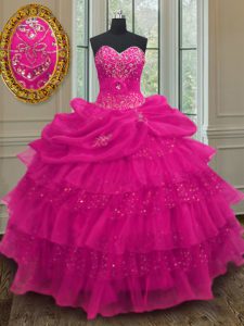 Sleeveless Organza and Sequined Floor Length Lace Up Sweet 16 Quinceanera Dress in Fuchsia with Beading and Ruffled Layers and Sequins and Pick Ups