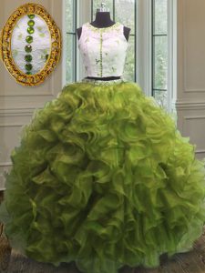 Scoop Clasp Handle Floor Length Olive Green Sweet 16 Dresses Organza Sleeveless Appliques and Ruffles