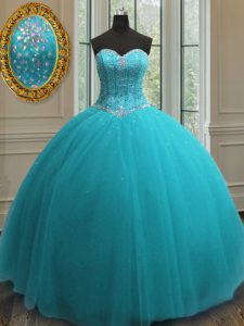 New Arrival Floor Length Aqua Blue Quince Ball Gowns Sweetheart Sleeveless Lace Up