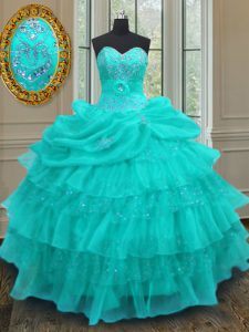 Aqua Blue Organza Lace Up Sweetheart Sleeveless Floor Length Ball Gown Prom Dress Beading and Ruffled Layers and Pick Ups
