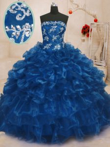 Strapless Sleeveless Organza 15th Birthday Dress Beading and Appliques and Ruffles Lace Up