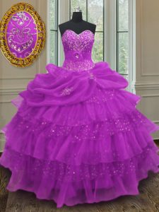 Halter Top Sleeveless Organza Floor Length Lace Up 15th Birthday Dress in Purple with Beading and Ruffled Layers and Pick Ups