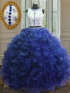 Scoop Royal Blue Sleeveless Organza Clasp Handle Sweet 16 Dress for Military Ball and Sweet 16 and Quinceanera