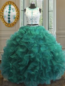 Glamorous Scoop Turquoise Clasp Handle 15 Quinceanera Dress Appliques and Ruffles Sleeveless Floor Length