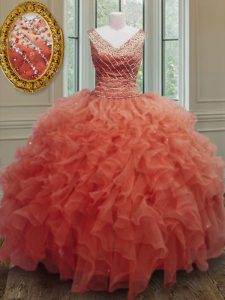 Glittering Orange Red Zipper V-neck Beading and Ruffles Ball Gown Prom Dress Organza Sleeveless