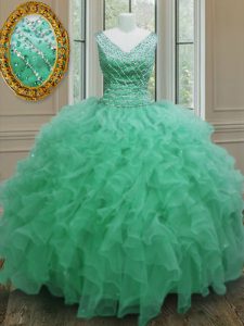Floor Length Zipper Quinceanera Gown Apple Green for Military Ball and Sweet 16 and Quinceanera with Beading and Ruffles