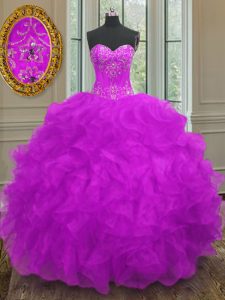 Sophisticated Floor Length Purple Quinceanera Gowns Organza Sleeveless Beading and Embroidery and Ruffles