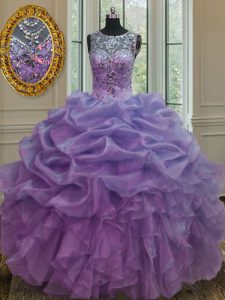 Customized Scoop Lavender Ball Gowns Beading and Ruffles and Pick Ups 15th Birthday Dress Lace Up Organza Sleeveless Floor Length